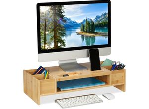 4052025378844 - Relaxdays - Monitorständer Bambus Bildschirmerhöhung mit Fächern hbt 155x625x28cm Monitorunterbau Schreibtisch natur