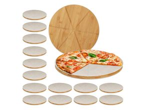 4052025383787 - Relaxdays - 16 x Pizzabrett Bambus runde Pizzateller 33 cm ø inklusive Backpapier Pizza Schneidebrett mit Rillen natur