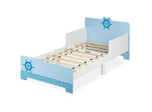 4052025384135 - Kinderbett mit Rausfallschutz hbt 60x77x143 cm Lattenrost Kleinkindbett mit Seefahrt-Motiv mdf blau weiß - Relaxdays