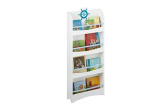 4052025384159 - Bücherregal Kinder hbt 124 x 505 x 15 cm 4 Fächer mdf maritimes Kinderbücherregal Kinderregal weiß blau - Relaxdays