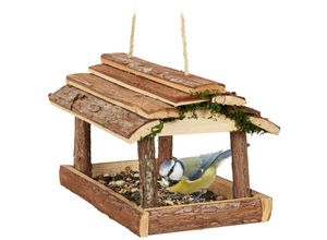 4052025384753 - Vogelfutterhaus Holz mit Rinde und Moos zum Hängen hbt 19x21x23 cm Futterspender Kleinvögel natur - Relaxdays