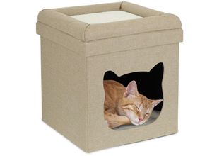 4052025385118 - Relaxdays - Katzenhöhle indoor Schlafplatz für Samtpfoten Katzenbox 2 Etagen faltbar hbt 44 x 40 x 40 cm braun weiß