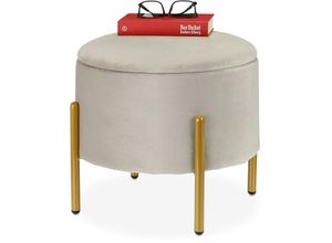 4052025385279 - Samthocker mit Stauraum runder Sitzhocker Metallbeine eleganter Hocker Samt HxD 395 x 425 cm grau gold - Relaxdays