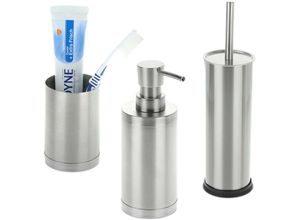 4052025385552 - Badezimmer Set 3-teilig Seifenspender Zahnputzbecher Badaccessoires Toilettenbürste Edelstahl silber - Relaxdays