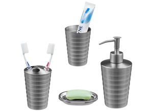 4052025388621 - Badezimmer Set 4-teilig Seifenspender Seifenschale Zahnputzbecher Zahnbürstenhalter Edelstahl silber - Relaxdays