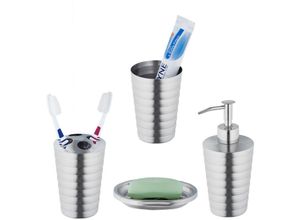 4052025388638 - Badezimmer Set 4-teilig Seifenspender Seifenschale Zahnputzbecher Zahnbürstenhalter Edelstahl silber - Relaxdays