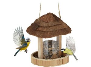 4052025392772 - Relaxdays - Vogelfutterhaus Holz Futterhaus zum Aufhängen HxD 20 x 18 cm Kokosdach Futterstelle für Wildvögel natur