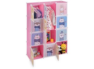 4052025393205 - Relaxdays Steckregal Kinder 2 Kleiderstangen Türen mit Tierkindern HBT 145x110x37 cm DIY Kinderkleiderschrank rosa