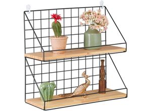 4052025393458 - Wandregal 2 Ablagen Hängeregal Gitter HxBxT 41 x 45 x 16 cm Industrial Metall & Holzoptik schwarz natur - Relaxdays