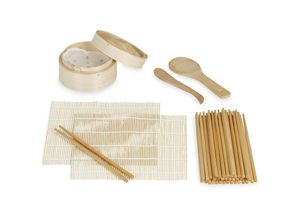 4052025396220 - Sushi Set Bambus 2 Sushimatten Dampfgarer 20 Paar Essstäbchen Reislöffel Reisspatel Sushimaker natur - Relaxdays