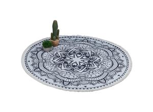 4052025398545 - Teppich rund Boho-Teppich im Mandala-Design ø 120 cm Baumwollteppich mit Fransen rutschfest creme schwarz - Relaxdays