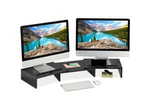 4052025398781 - Relaxdays - Monitorständer für 2 Monitore ausziehbar verstellbar Monitorerhöhung Schreibtisch pc Organizer schwarz