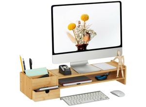 4052025398798 - Monitorständer Bambus Schublade & 5 Fächer HxBxT 13 x 70 x 19 cm Bildschirmständer Schreibtisch natur - Relaxdays