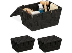 4052025400224 - Relaxdays - 3 x Aufbewahrungskorb mit Deckel Flechtoptik Bad Organizer HxBxT 105 x 195 x 145 cm Kunststoff schwarz