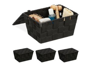 4052025400231 - Relaxdays - 4 x Aufbewahrungskorb mit Deckel Flechtoptik Bad Organizer HxBxT 105 x 195 x 145 cm Kunststoff schwarz