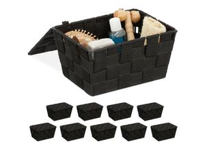 4052025400248 - Relaxdays - 10 x Aufbewahrungskorb mit Deckel Flechtoptik Bad Organizer HxBxT 105 x 195 x 145 cm Kunststoff schwarz