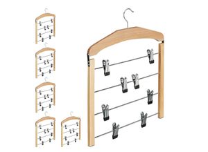 4052025401580 - Relaxdays - 6 x Rockbügel mehrfach Hosenbügel Holz 360° drehbarer Haken Kleiderbügel rutschfest hbt 455x39x25 cm silber natur