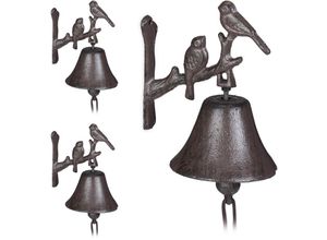 4052025407933 - Relaxdays - 3 x Türglocke Gusseisen Vogel Motiv antik Landhausstil lauter Klang Wandglocke Gartendeko wetterfest braun