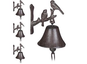 4052025407940 - Relaxdays - 4 x Türglocke Gusseisen Vogel Motiv antik Landhausstil lauter Klang Wandglocke Gartendeko wetterfest braun