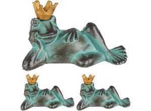 4052025408602 - Relaxdays - 3 x Gartenfigur Froschkönig wetterfest liegender Frosch mit Krone Dekofigur Balkon Gusseisen Größe l grün