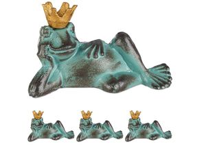 4052025408619 - 4 x Gartenfigur Froschkönig wetterfest liegender Frosch mit Krone Dekofigur Balkon Gusseisen Größe L grün