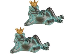 4052025408640 - Relaxdays - 2 x Gartenfigur Froschkönig wetterfest liegender Frosch mit Krone Dekofigur Balkon Gusseisen Größe s grün