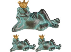 4052025408657 - Relaxdays - 3 x Gartenfigur Froschkönig wetterfest liegender Frosch mit Krone Dekofigur Balkon Gusseisen Größe s grün