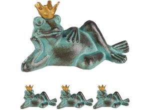 4052025408664 - Relaxdays - 4 x Gartenfigur Froschkönig wetterfest liegender Frosch mit Krone Dekofigur Balkon Gusseisen Größe s grün