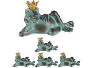 4052025408671 - Relaxdays - 5 x Gartenfigur Froschkönig wetterfest liegender Frosch mit Krone Dekofigur Balkon Gusseisen Größe s grün