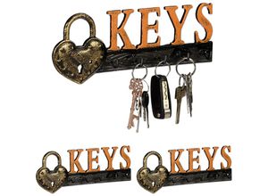 4052025409142 - Relaxdays - 3 x Schlüsselbrett 5 Haken Vorhängeschloss & Keys-Schriftzug Gusseisen Vintage hbt 10 x 26 x 3 cm orange schwarz