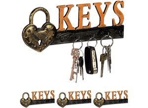 4052025409159 - Relaxdays - 4 x Schlüsselbrett 5 Haken Vorhängeschloss & Keys-Schriftzug Gusseisen Vintage hbt 10 x 26 x 3 cm orange schwarz