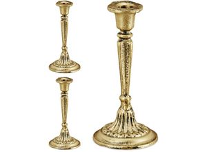 4052025409951 - Relaxdays - 3 x Kerzenständer einarmig für Tafel- & Stabkerzen Kerzenleuchter Vintage Kerzenhalter Gusseisen HxD 19 x 9 cm gold