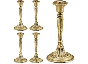 4052025409975 - Relaxdays - 5 x Kerzenständer einarmig für Tafel- & Stabkerzen Kerzenleuchter Vintage Kerzenhalter Gusseisen HxD 19 x 9 cm gold