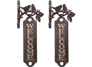 4052025410193 - Relaxdays - 2 x Welcome Schild Vögel Antik-Design Willkommensschild für Wand Garten Gusseisen 395 cm hoch braun gold