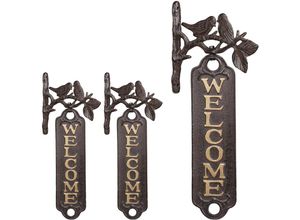 4052025410209 - Relaxdays - 3 x Welcome Schild Vögel Antik-Design Willkommensschild für Wand Garten Gusseisen 395 cm hoch braun gold