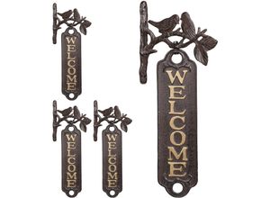 4052025410216 - Relaxdays - 4 x Welcome Schild Vögel Antik-Design Willkommensschild für Wand Garten Gusseisen 395 cm hoch braun gold