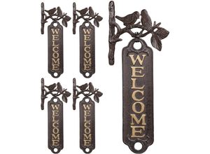 4052025410223 - Relaxdays - 5 x Welcome Schild Vögel Antik-Design Willkommensschild für Wand Garten Gusseisen 395 cm hoch braun gold