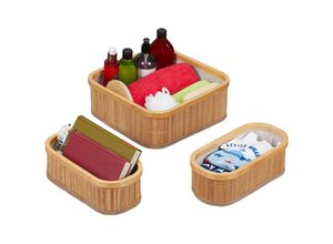 4052025415259 - Aufbewahrungskorb 3er Set Badkörbe in 2 Größen Bambus & Polyester stapelbar für alle Räume natur  creme - Relaxdays