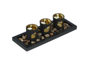 4052025415884 - Relaxdays Teelichthalter Set mit Tablett & Steinen 30 cm lang Tischdeko Wohnzimmer Esszimmer Teelichtgläser schwarz