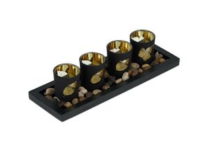 4052025415891 - Teelichthalter Set längliche Dekoschale 4 Teelichter und Steine Tischdeko mit Herbstmotiv schwarz gold - Relaxdays