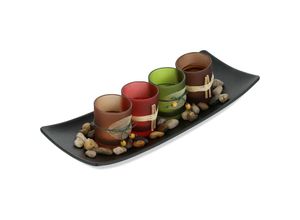 4052025415914 - Relaxdays Teelichthalter Set mit Tablett & Steinen 34 cm lang Tischdeko Wohnzimmer Esszimmer 4 Teelichtgläser bunt