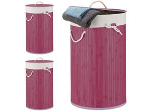 4052025418250 - Relaxdays - 3 x Wäschekorb Bambus faltbare Wäschetonne mit Deckel Volumen 70 Liter Wäschesack Baumwolle rund ø 41 cm violett