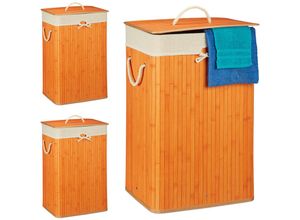 4052025418731 - Relaxdays - 3 x Wäschekorb Bambus mit Deckel rechteckig xl 83 l faltbarer Wäschesammler HxBxT 655 x 435 x 335 cm orange