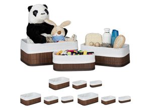 4052025419189 - Relaxdays - 12 x Aufbewahrungskorb Bambus Stoffbezug Regalkorb rechteckig Bad Accessoires Spielzeug Allzweckkorb 3 Größen braun