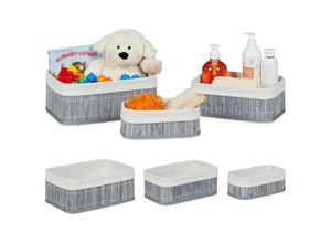 4052025419202 - Relaxdays - 6 x Aufbewahrungskorb Bambus Stoffbezug Regalkorb rechteckig Bad Accessoires Spielzeug Allzweckkorb 3 Größen grau