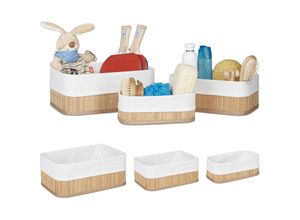 4052025419233 - Relaxdays - 6 x Aufbewahrungskorb Bambus Stoffbezug Regalkorb rechteckig Bad Accessoires Spielzeug Allzweckkorb 3 Größen natur