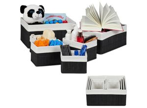 4052025420024 - Relaxdays - 12 x Aufbewahrungskorb Bambus Stoffbezug rechteckig Regalkorb Bad Accessoires dekorativer Organizer schwarz