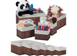 4052025420086 - Relaxdays - 12 tlg Aufbewahrungskorb-Set Stoffbezug Bambus rechteckig Bad Organizer für Accessoires 4 versch Größen braun