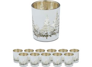 4052025421779 - Teelichthalter im 12er Set mit Tannenbaum-Motiv HxD 85 x 7 cm Weihnachts-Windlicht aus Glas weiß-gold - Relaxdays