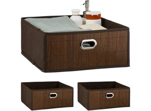 4052025421885 - Relaxdays - 3 x Aufbewahrungskorb Bambus Badkörbchen quadratisch Stoff Regalkorb flach hbt 14 x 31 x 31 cm faltbar braun